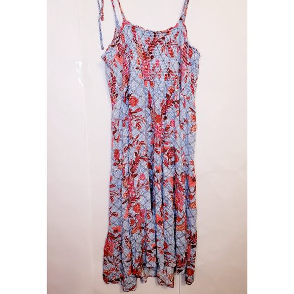Knox Rose blue and red floral print smocked back tie strap midi dress size XL - Picture 2 of 10